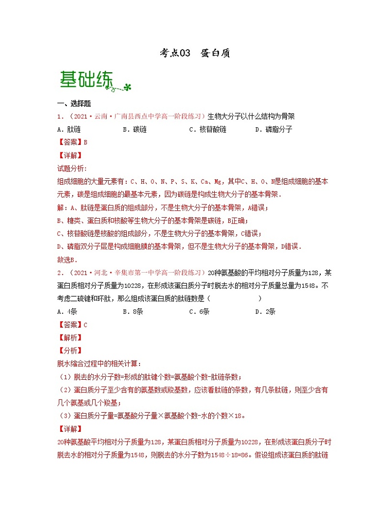 考点03 蛋白质（解析版）练习第1页