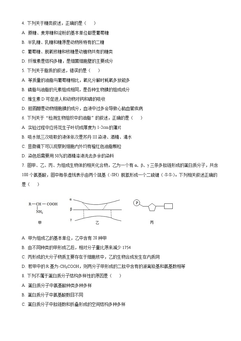 2023浙江省A9协作体高一上学期期中联考生物试题含解析02