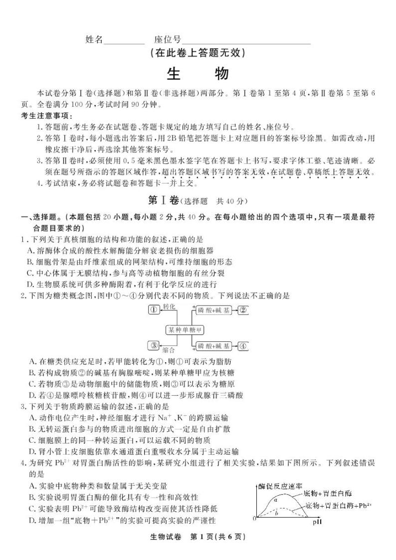 2023届安徽省蚌埠市高三上学期第一次教学质量检查生物试题及答案01