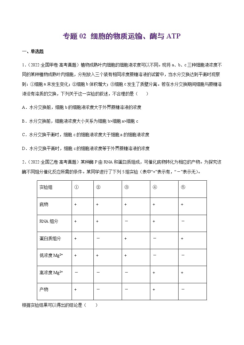 专题02 细胞的物质运输、酶与ATP-十年（2013-2022）高考生物真题分项汇编（全国通用）01