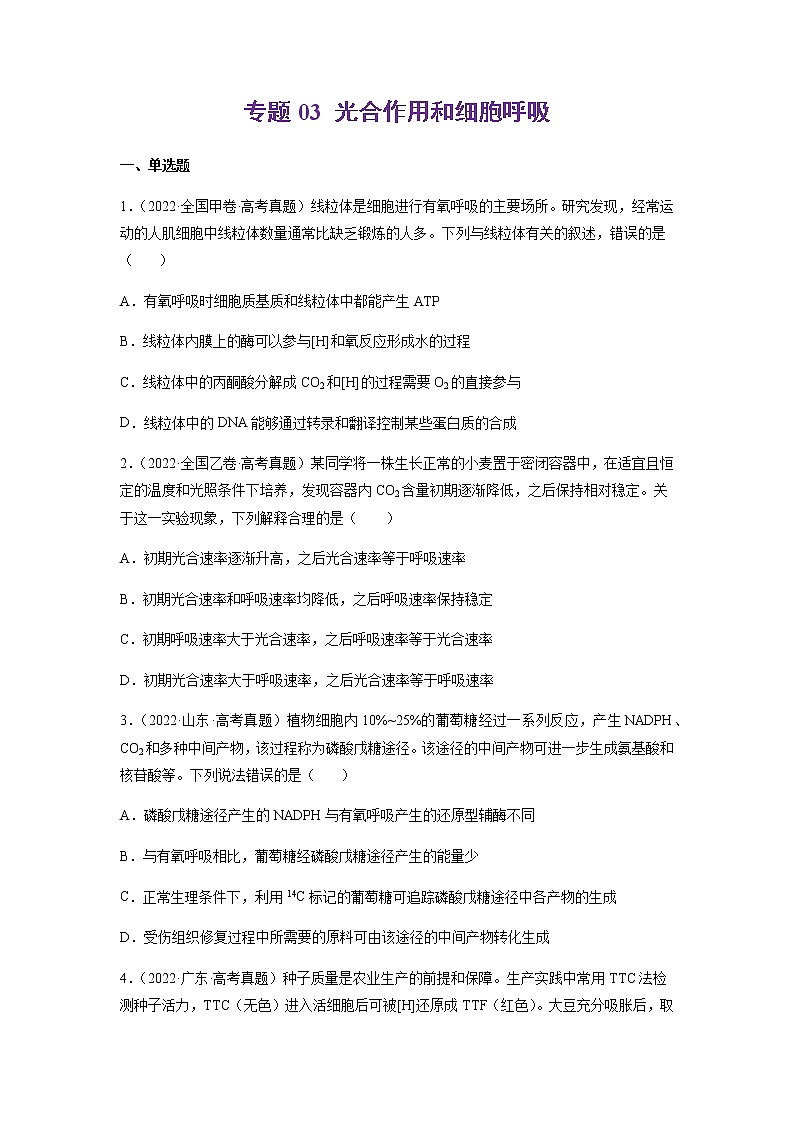 专题03 光合作用和细胞呼吸-十年（2013-2022）高考生物真题分项汇编（全国通用）01