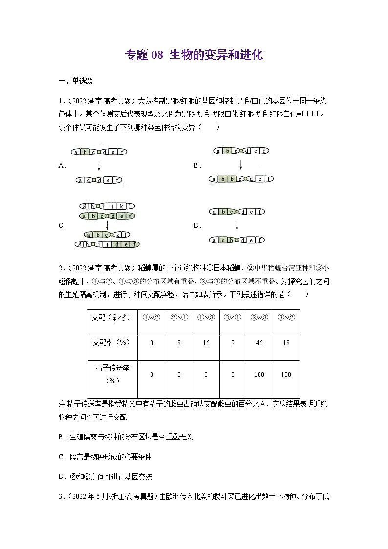 专题08 生物的变异和进化-十年（2013-2022）高考生物真题分项汇编（全国通用）（原卷版）第1页