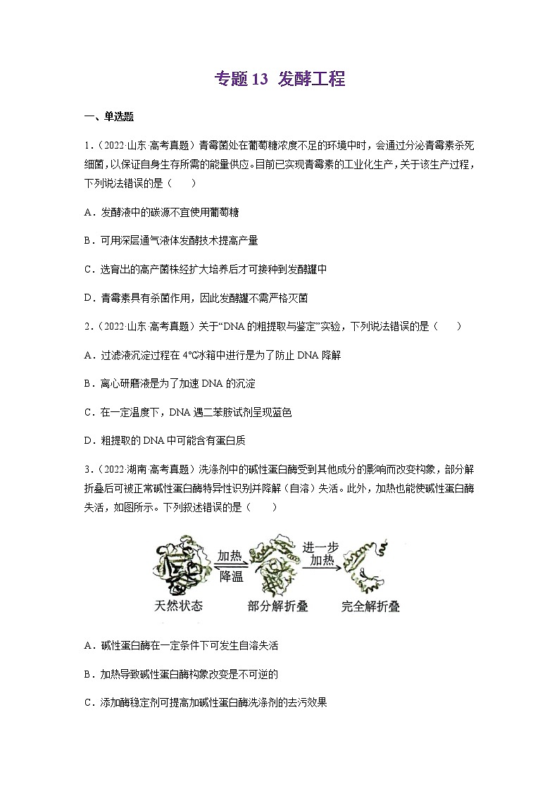 专题13 发酵工程-十年（2013-2022）高考生物真题分项汇编（全国通用）01