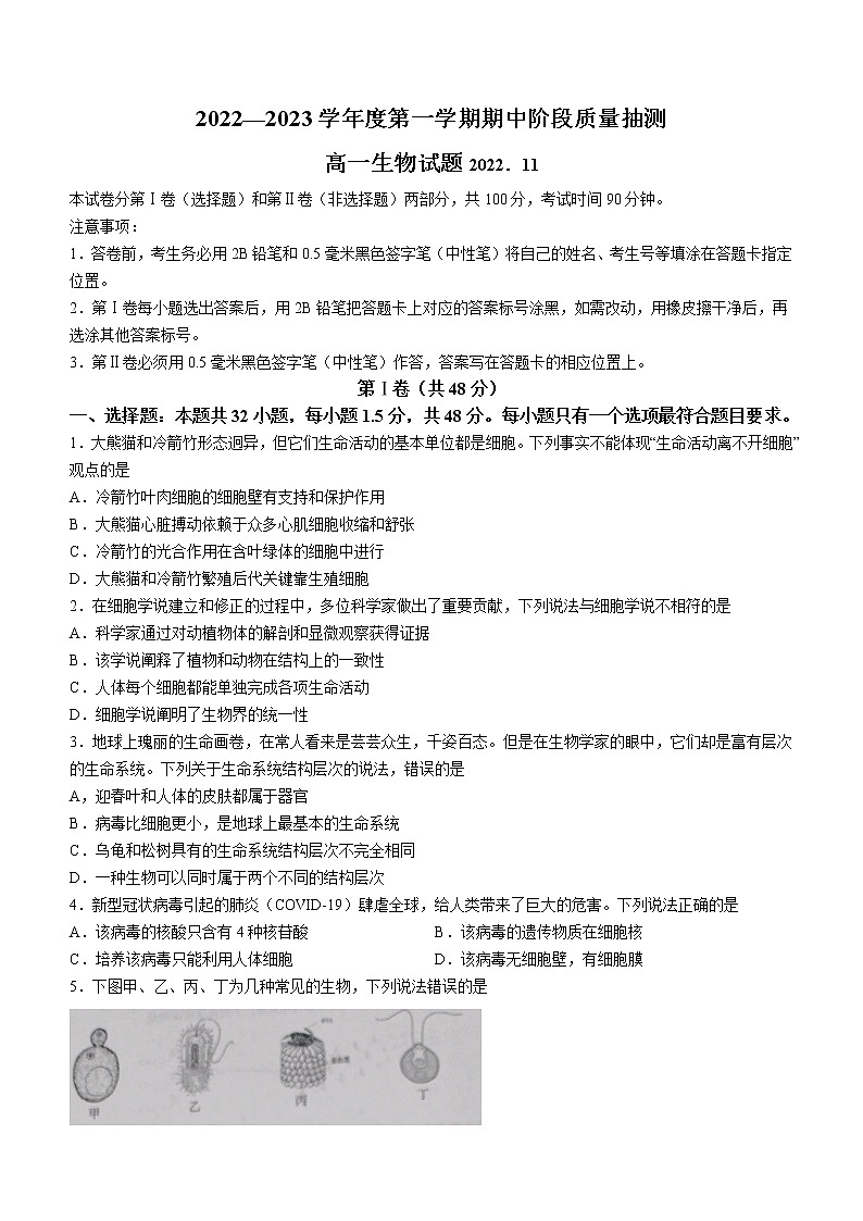 2023青岛四区县高一上学期期中考试生物试题含答案01