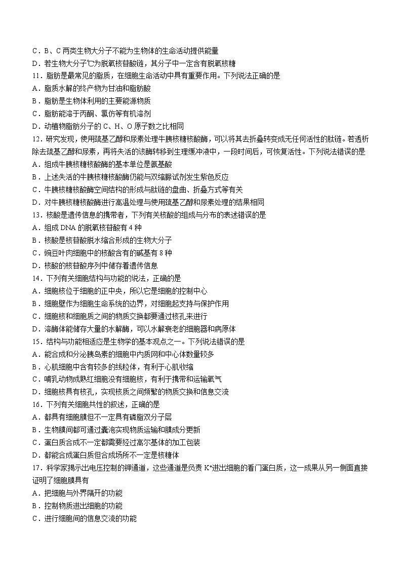 2023青岛四区县高一上学期期中考试生物试题含答案03