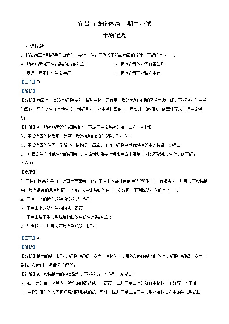 2023宜昌协作体高一上学期期中考试生物试题含解析01