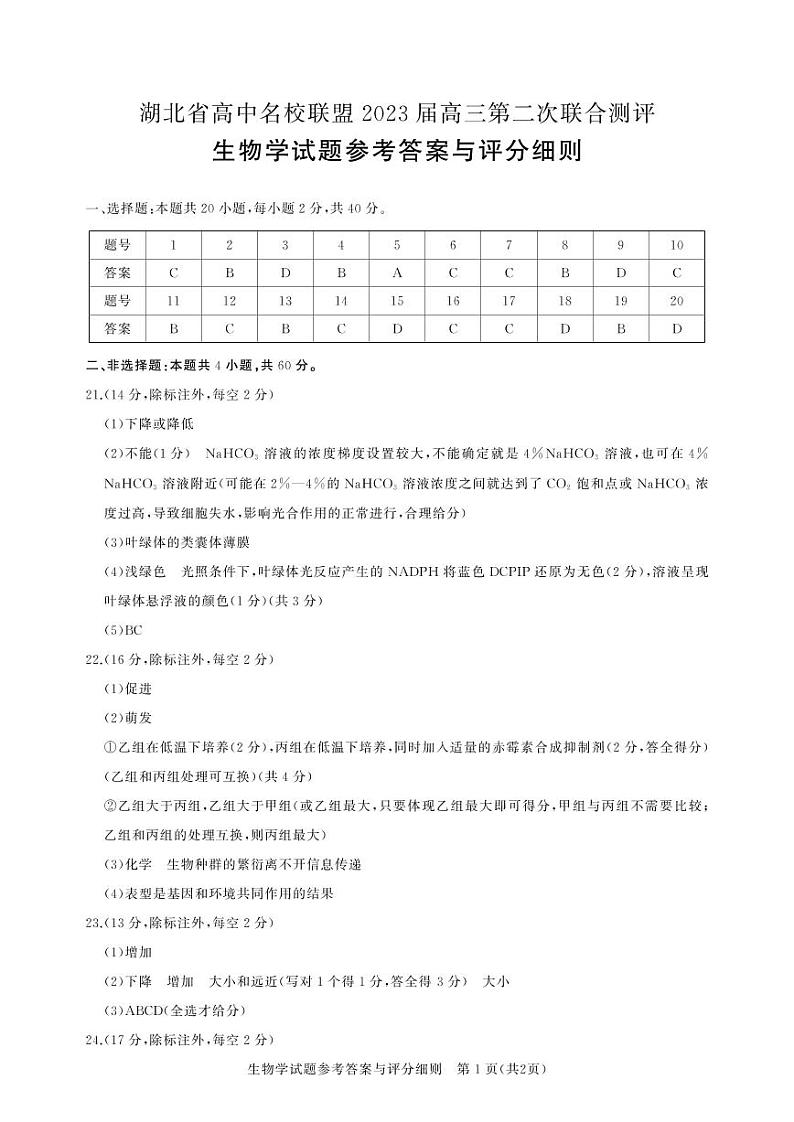 2023湖北名校联盟第二次测评生物答案第1页
