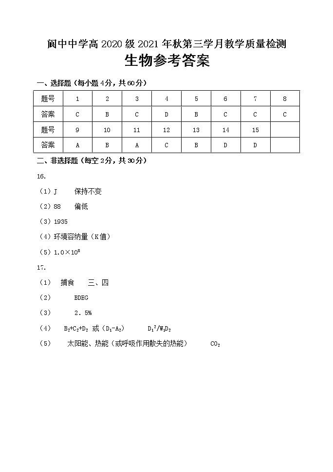 2022南充阆中中学校高二上学期第三学月教学质量检测生物试题含答案01