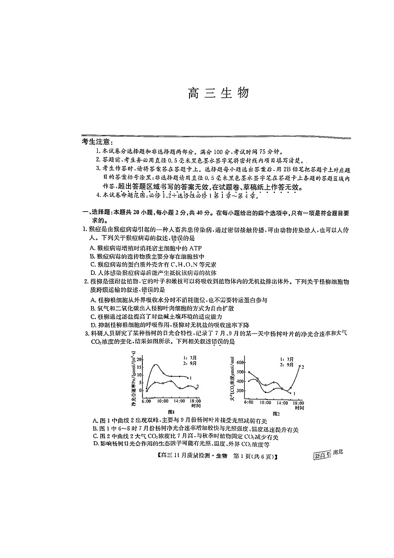 湖北省九师联盟2022-2023学年高三上学期11月联考 生物试题01