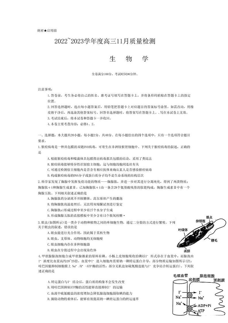 山西省金科大联考2022-2023学年高三上学期11月质量检测生物试题 （含答案）01