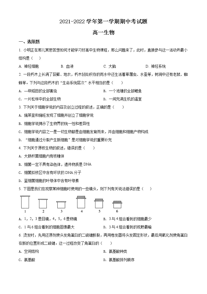 精品解析：山西省大同市灵丘县四中2021-2022学年高一上学期期中生物试题01