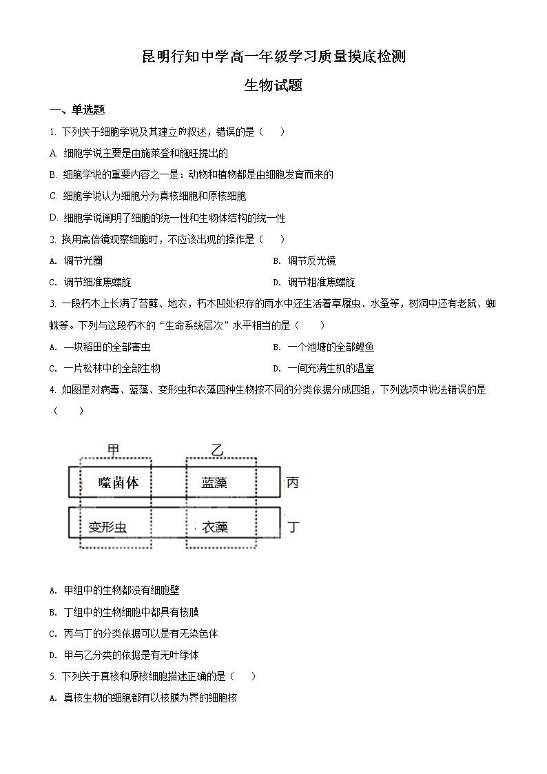 精品解析：云南省昆明市行知中学2021-2022学年高一上学期期中生物试题01