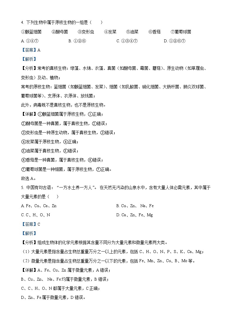 精品解析：广东省江门市新会陈经纶中学2021-2022学年高一上学期期中生物试题03
