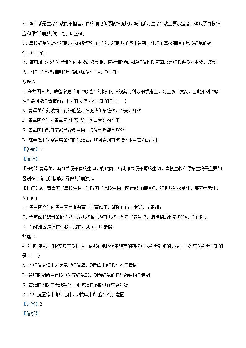 精品解析：河北省衡水市武强中学2021-2022学年高一上学期期中生物试题（解析版）第2页