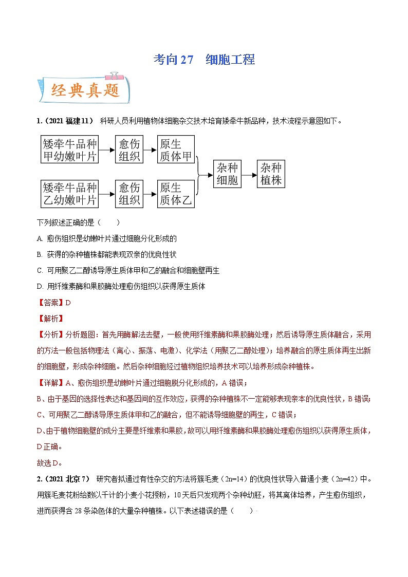 【备战2023高考】生物专题讲与练——考向27《细胞工程》全能练（含解析）（全国通用）01