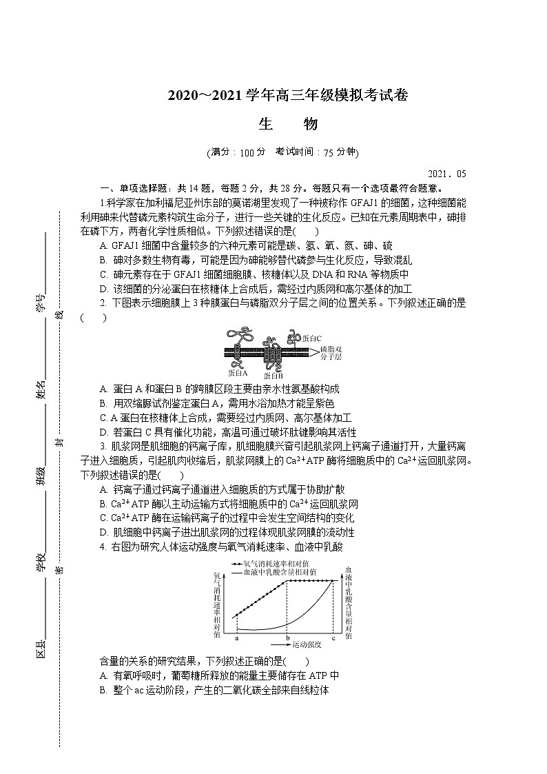 2021南京师大附中高三下学期5月模拟考试生物含答案01