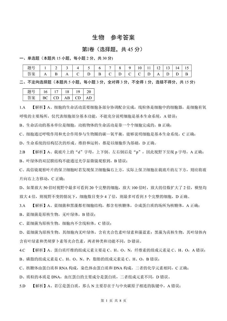 辽宁省重点高中联盟2022-2023学年高三上学期期中检测生物答案第1页
