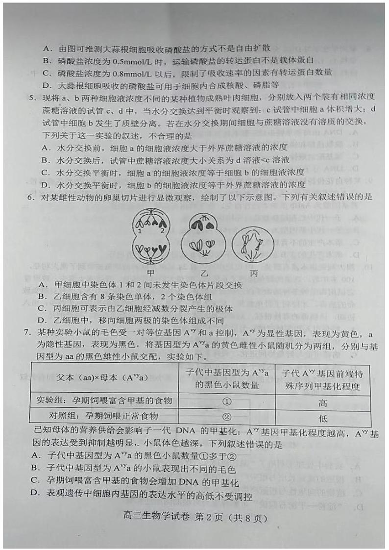 唐山市2022-2023学年度高三年级摸底演练生物试题（不含答案）（2022年9月）02