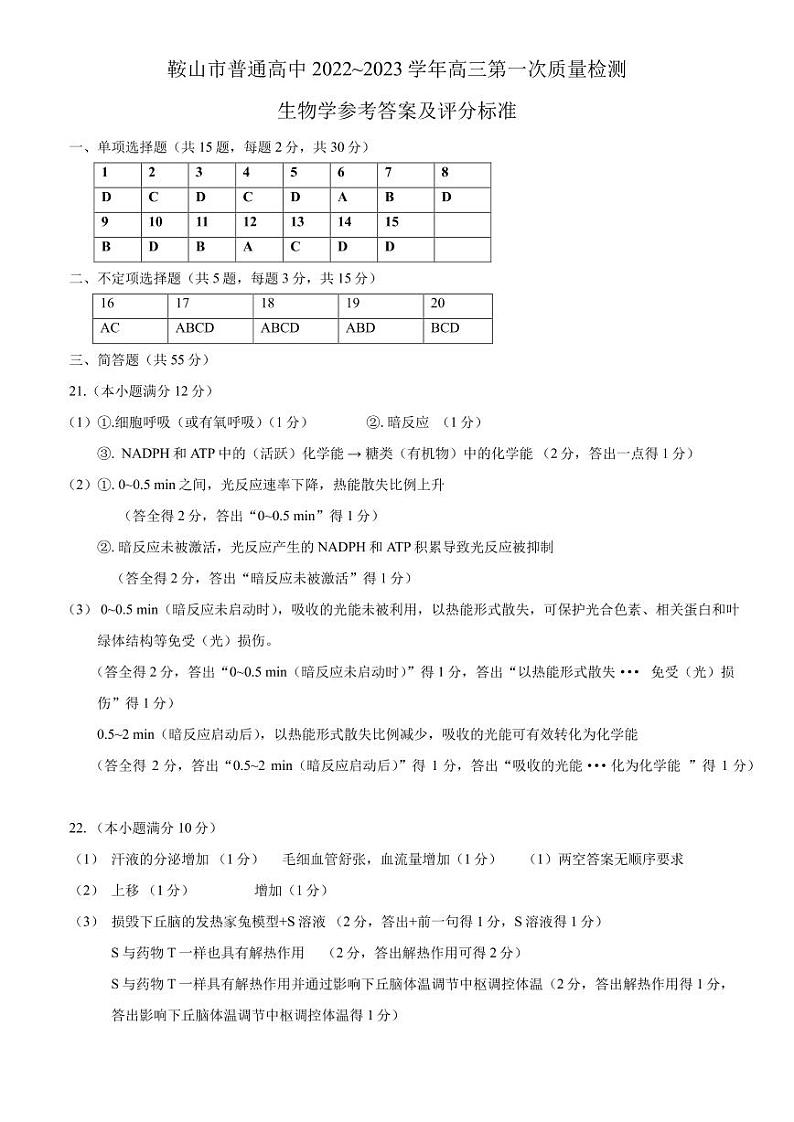2023届辽宁省鞍山市普通高中高三上学期第一次质量监测生物PDF版含答案01