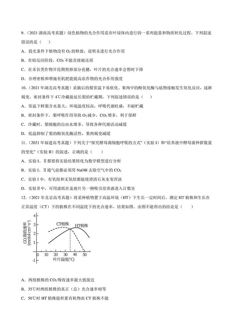（2018-2022）五年高考生物真题分类汇编 专题03 光合作用和细胞呼吸（学生版+解析版）03