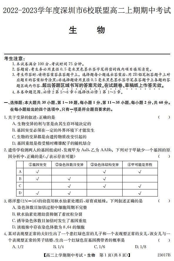 广东省深圳市六校联盟2022-2023学年高二生物上学期期中试题（PDF版附解析）01