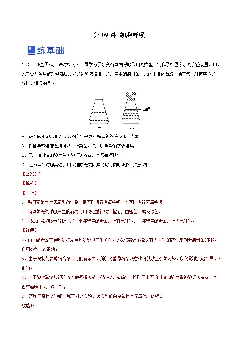 【备战2023高考】生物总复习——专题09《细胞呼吸》练习（新教材新高考）01