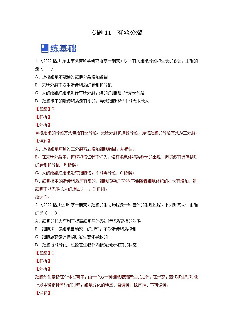 【备战2023高考】生物总复习——专题11《有丝分裂》练习（新教材新高考）01
