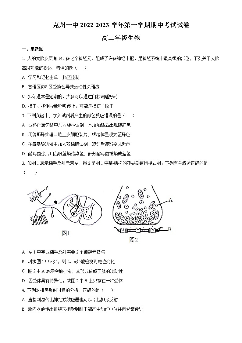 新疆孜勒苏柯尔克孜自治州第一中学2022-2023学年高二上学期11月期中生物试题无答案第1页