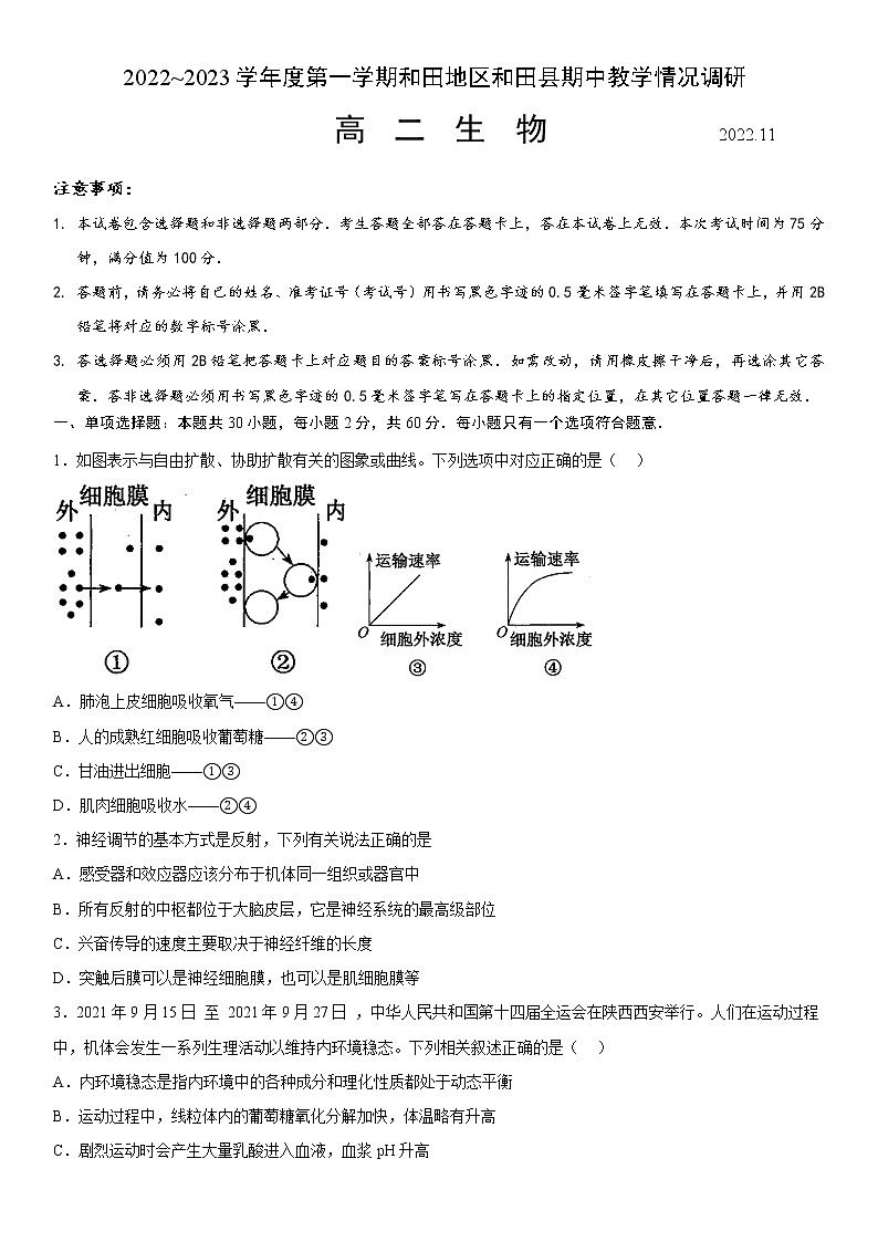 2023维吾尔自治区和田地区和田县高二上学期11月期中生物试题含答案第1页