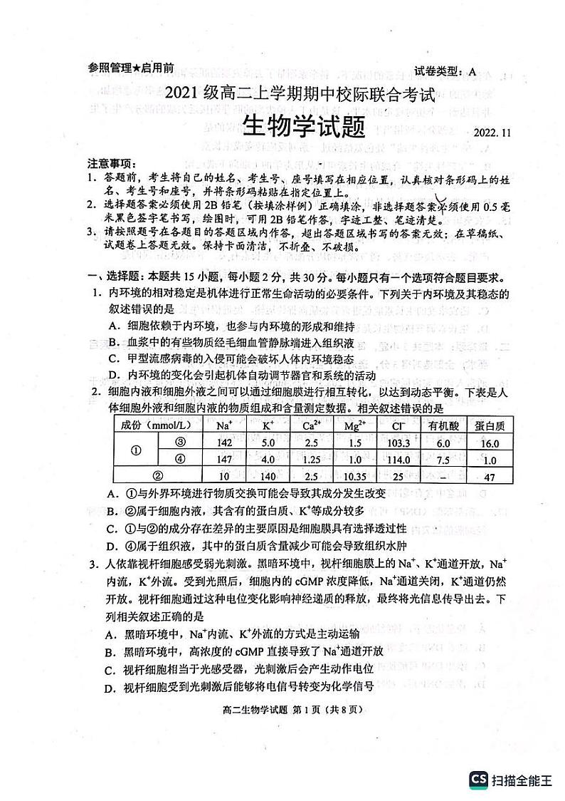 2023日照高二上学期期中校际联考生物试题PDF版含答案01