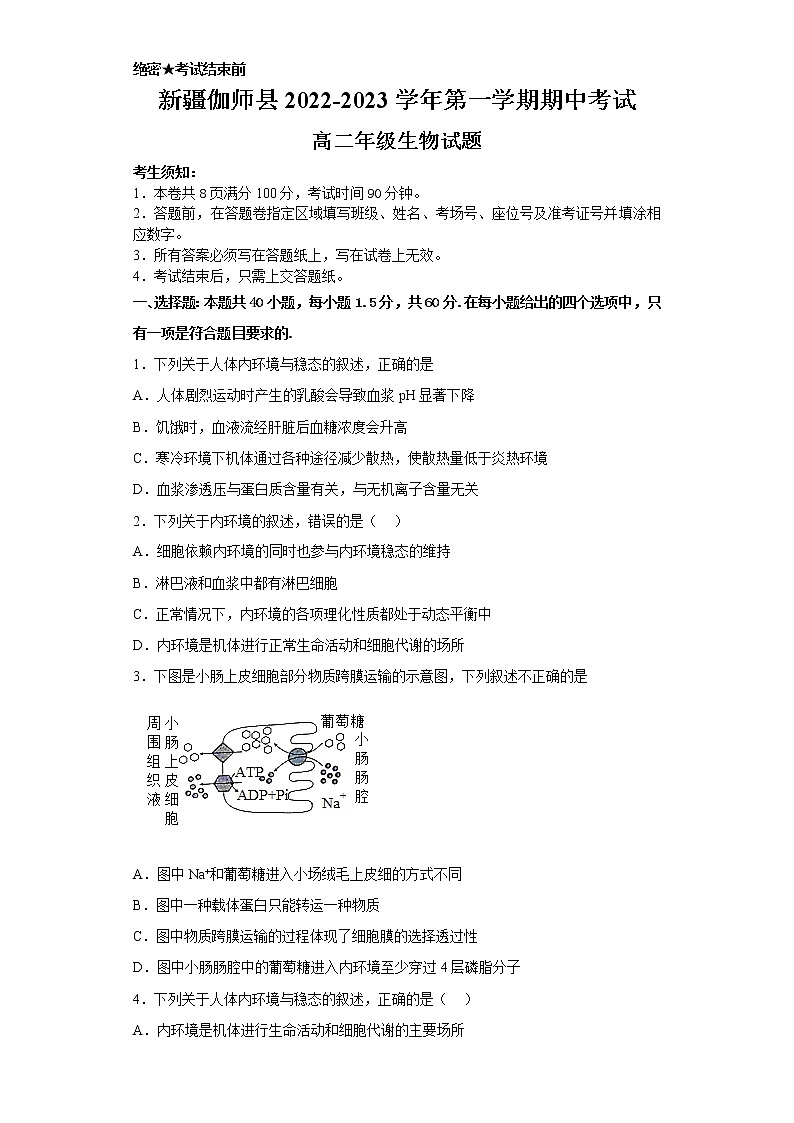 2023维吾尔自治区喀什地区伽师县高二上学期11月期中考试生物试题含答案01