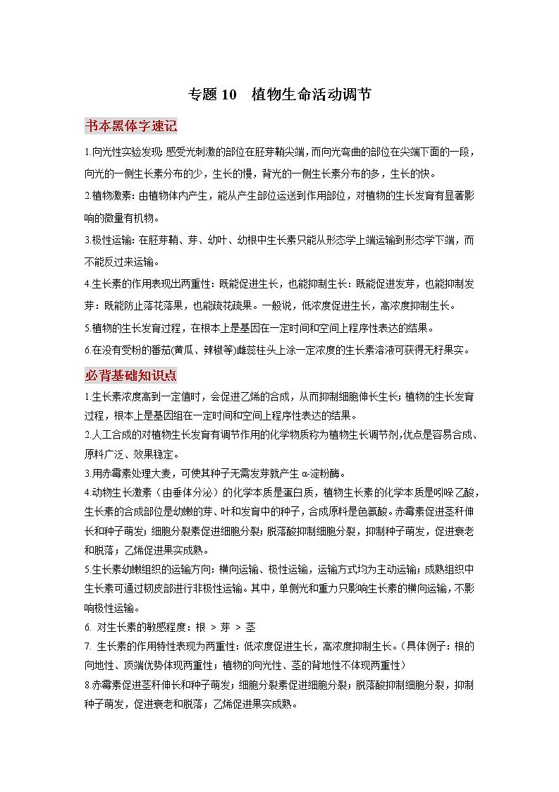 高中生物专题10 植物生命活动调节-【口袋书】2020年高考生物必背知识手册第1页