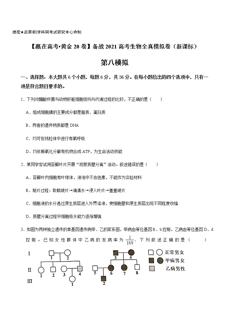 高中生物黄金卷08-【赢在高考•黄金20卷】备战2021高考生物全真模拟卷（新课标）（无答案）第1页