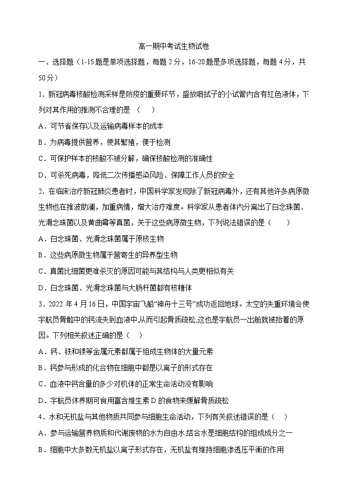 黑龙江省哈尔滨师范大学青冈实验中学校2022-2023学年高一上学期期中考试生物试题（含答案）01