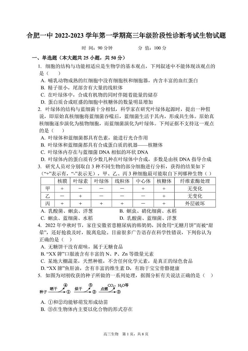 安徽省合肥市第一中学2022-2023学年高三生物上学期11月月考试题（PDF版附答案）01
