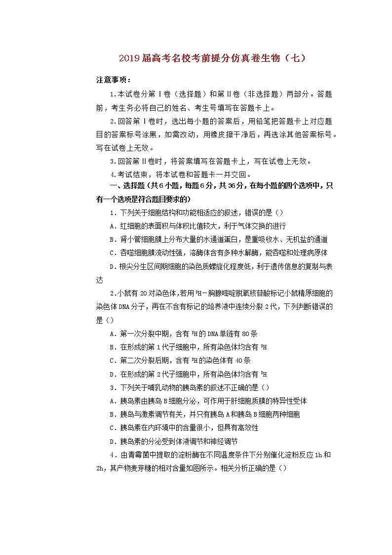 高中生物2019年高考生物名校考前提分仿真试卷（七）（含解析）第1页