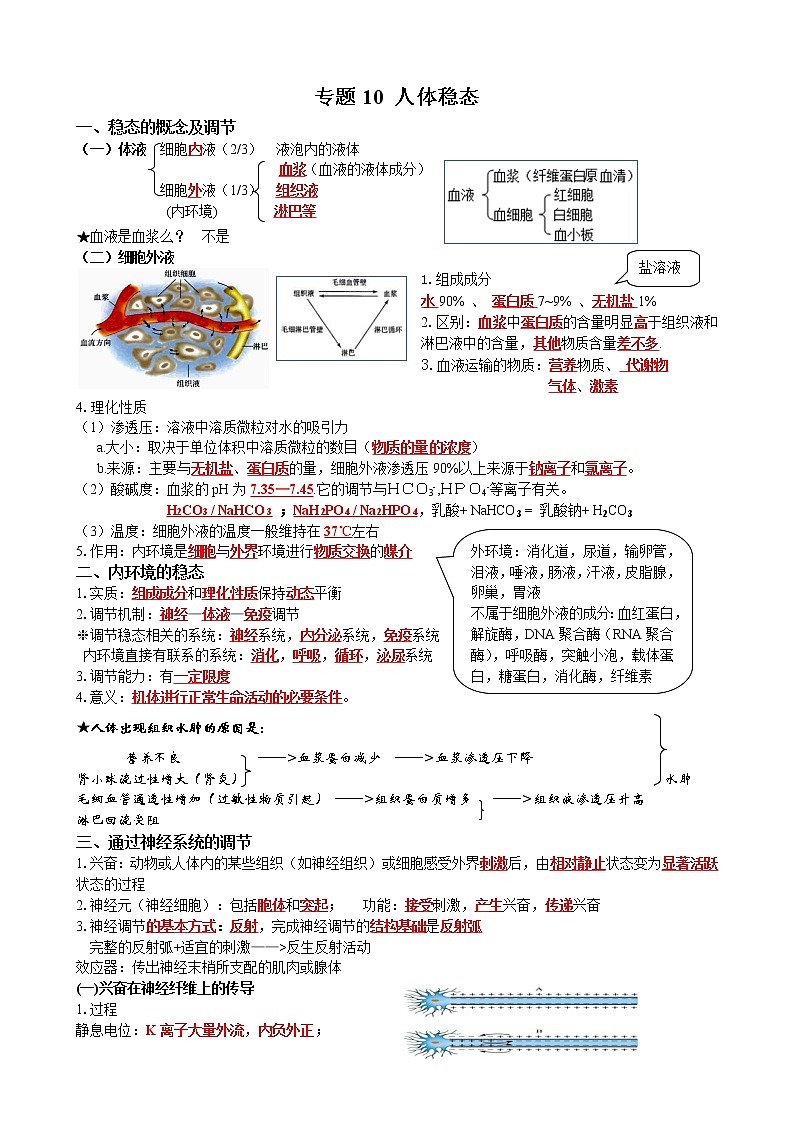 高中生物2021年高考二轮生物复习知识清单：10人体稳态第1页