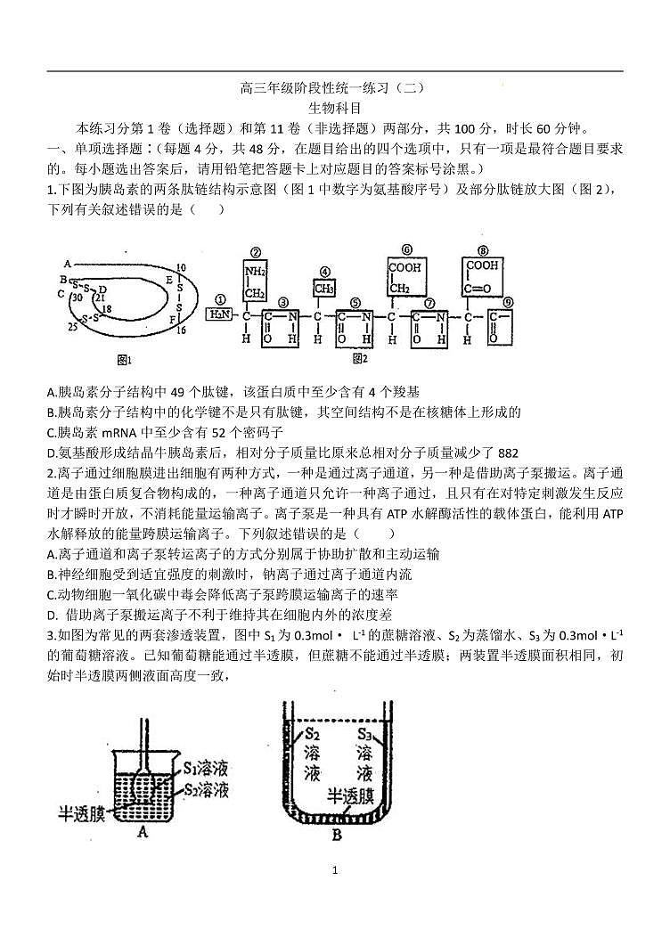天津市南开中学2022-2023学年高三上学期第二次月考生物试题01