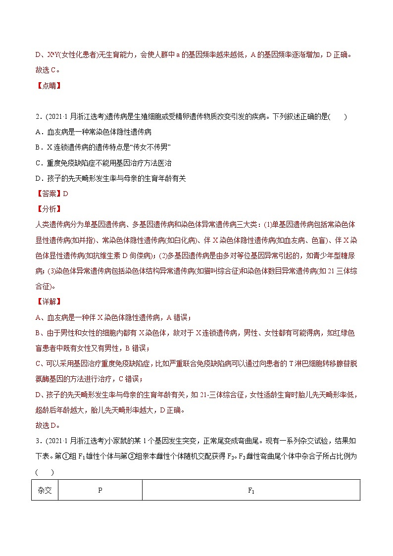 高中生物专题9 伴性遗传和人类遗传病-2021年高考生物真题与模拟题分类训练（教师版含解析）第2页
