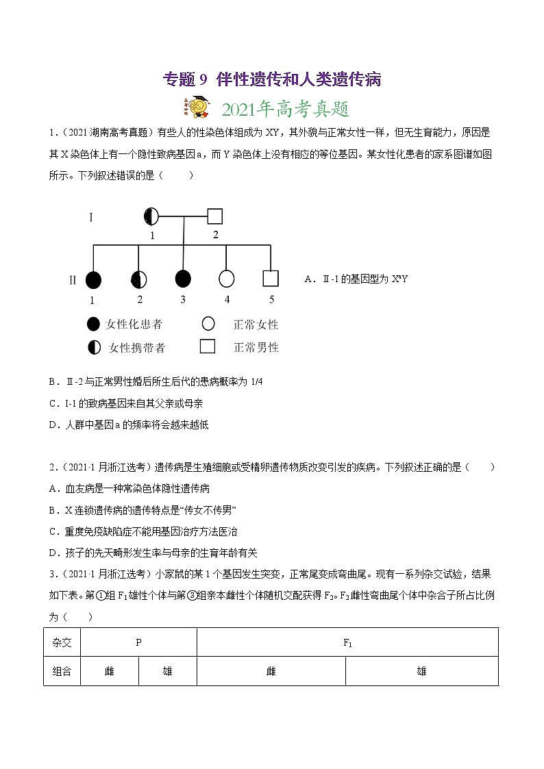 高中生物专题9 伴性遗传和人类遗传病-2021年高考真题和模拟题生物分项汇编（无答案）第1页