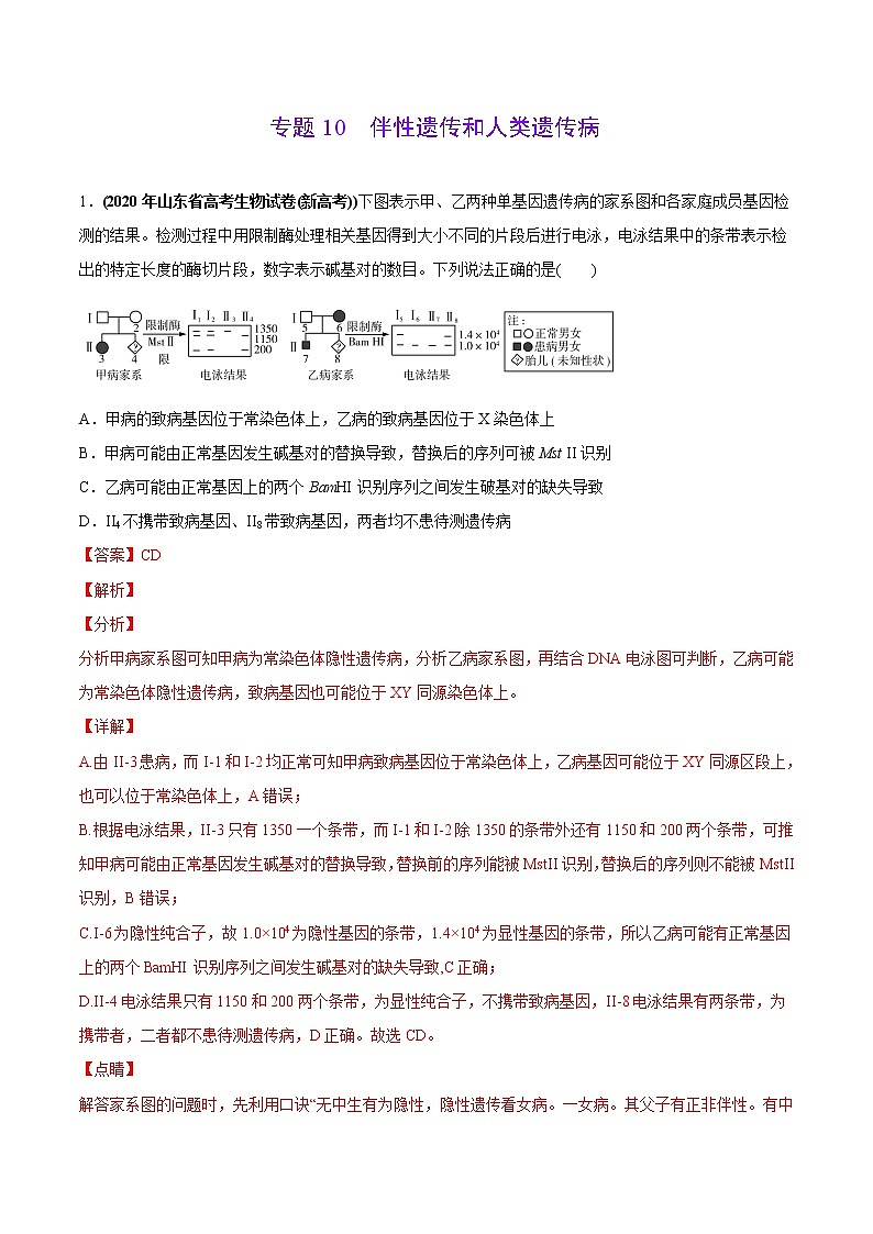 高中生物专题10 伴性遗传和人类遗传病-2020年高考真题和模拟题生物分项汇编（教师版含解析）01