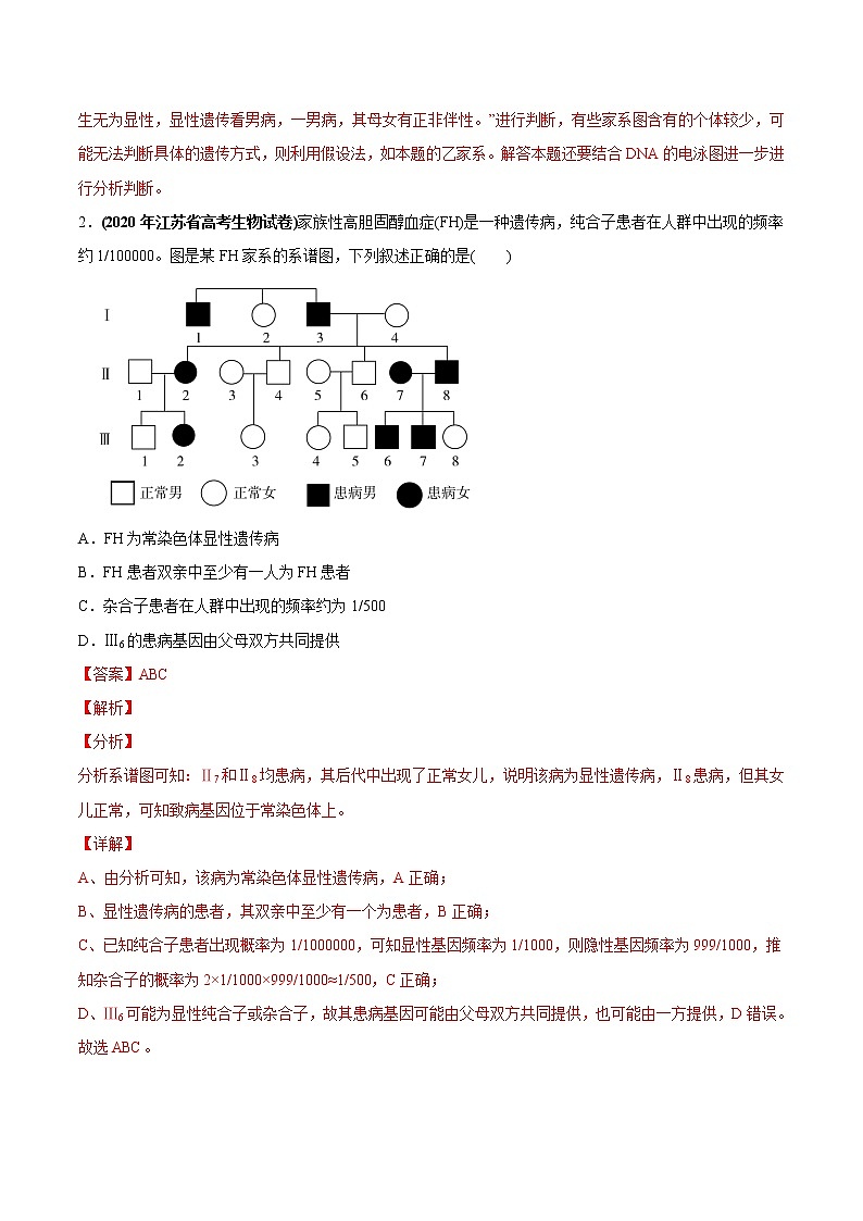 高中生物专题10 伴性遗传和人类遗传病-2020年高考真题和模拟题生物分项汇编（教师版含解析）02