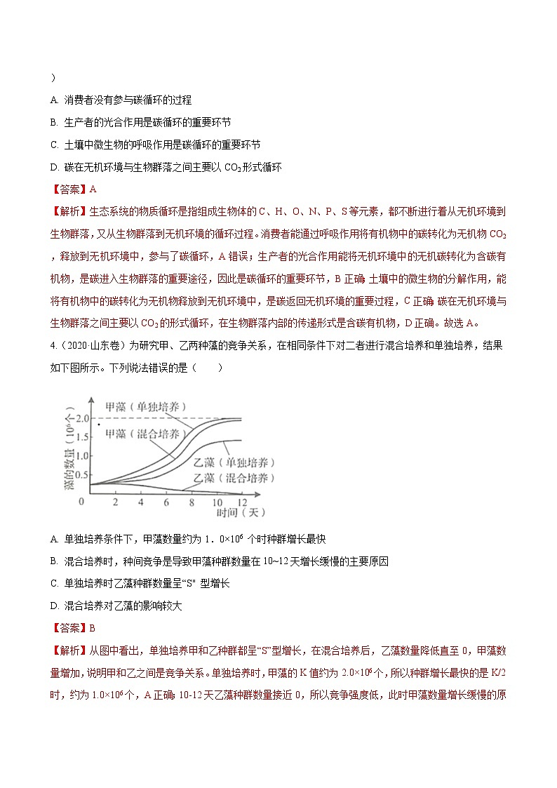 高中生物专题10 种群和群落及生态系统-十年（2011-2020）高考真题生物分项详解（有答案）02