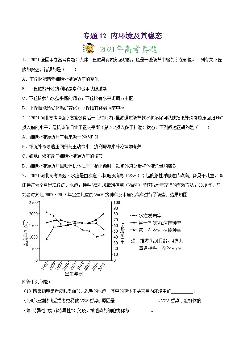 高中生物专题12 内环境及其稳态-2021年高考真题和模拟题生物分项汇编（无答案）第1页