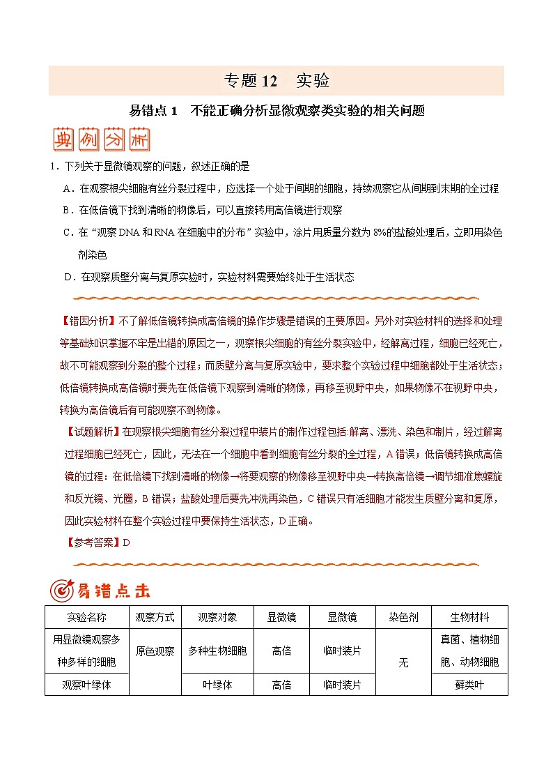 高中生物专题12 实验-备战2019年高考生物之纠错笔记系列（无答案）第1页