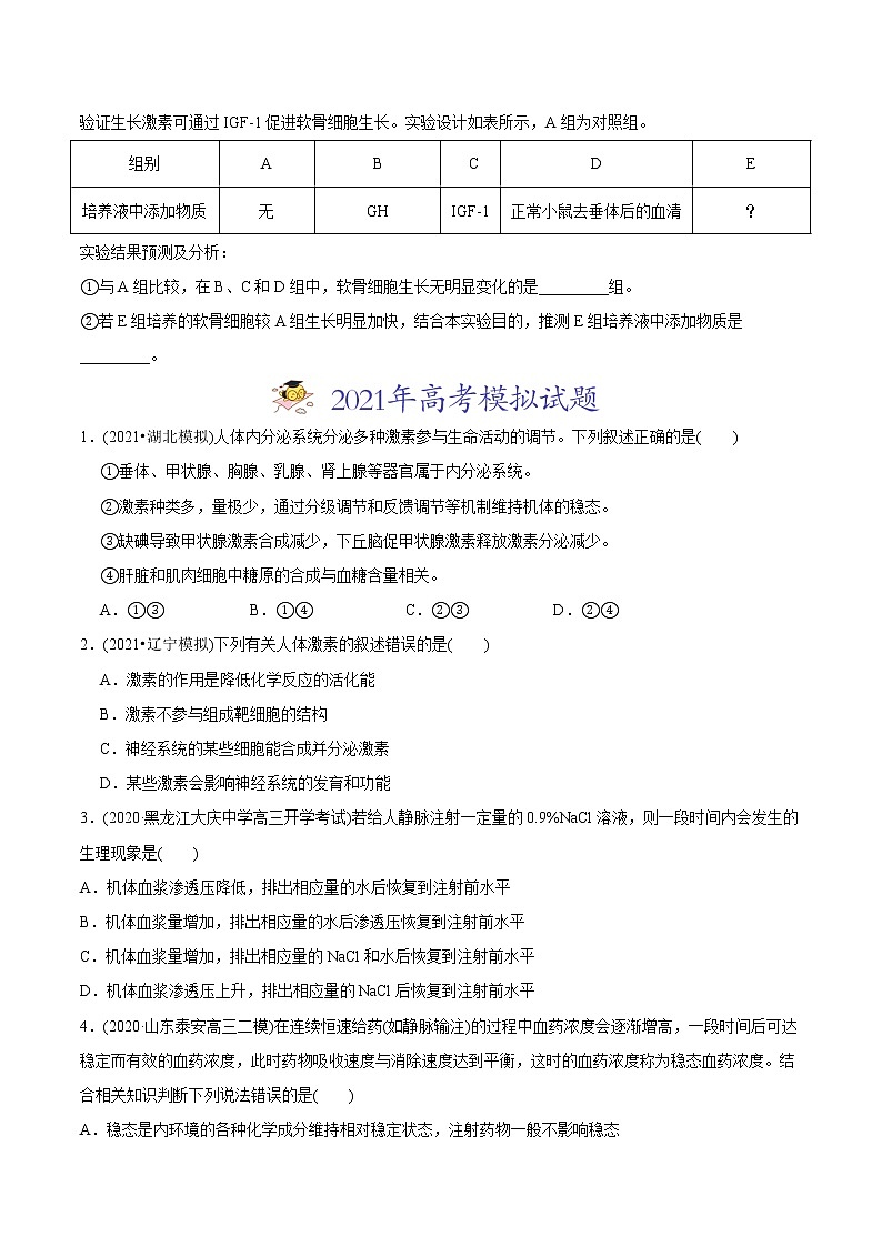 高中生物专题14 体液调节-2021年高考生物真题与模拟题分类训练（学生版）第3页