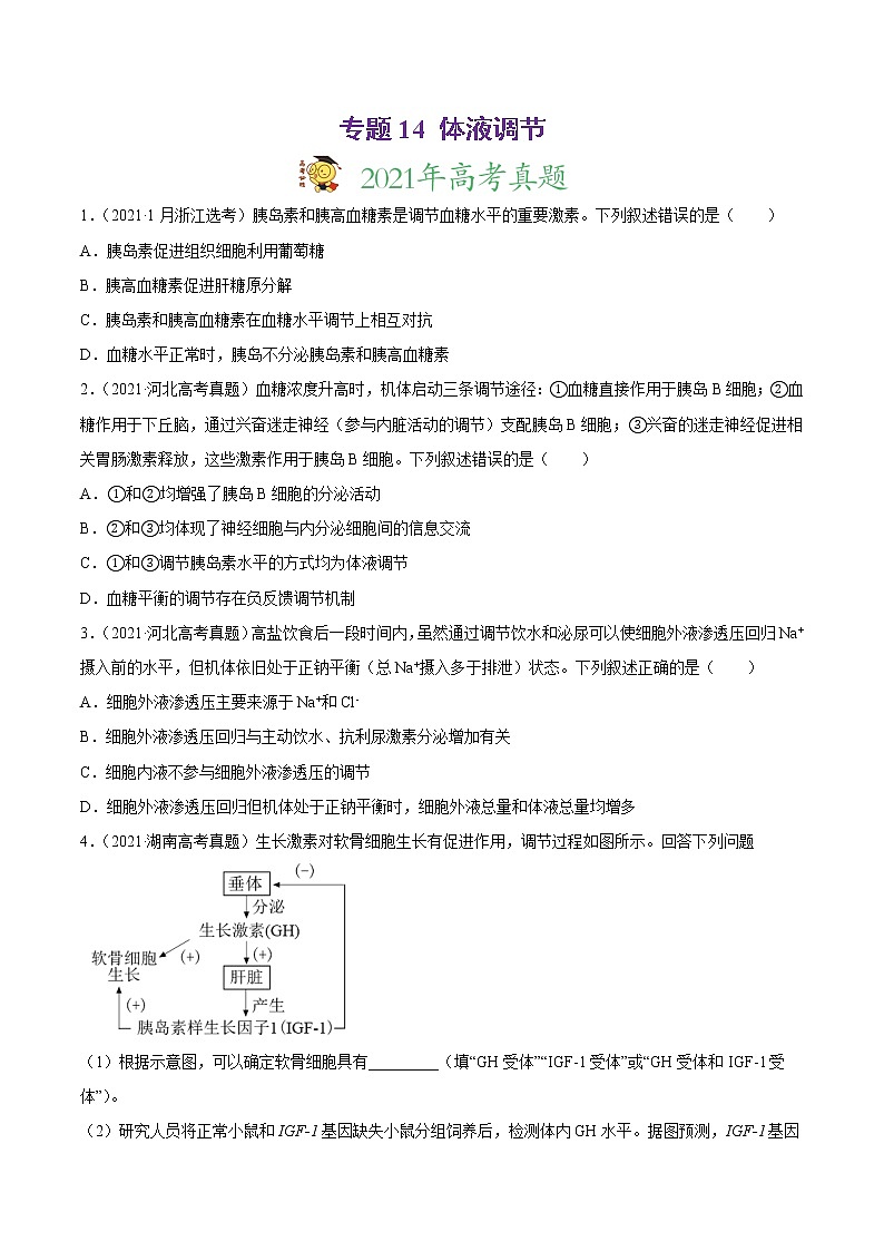 高中生物专题14 体液调节-2021年高考真题和模拟题生物分项汇编（无答案）01