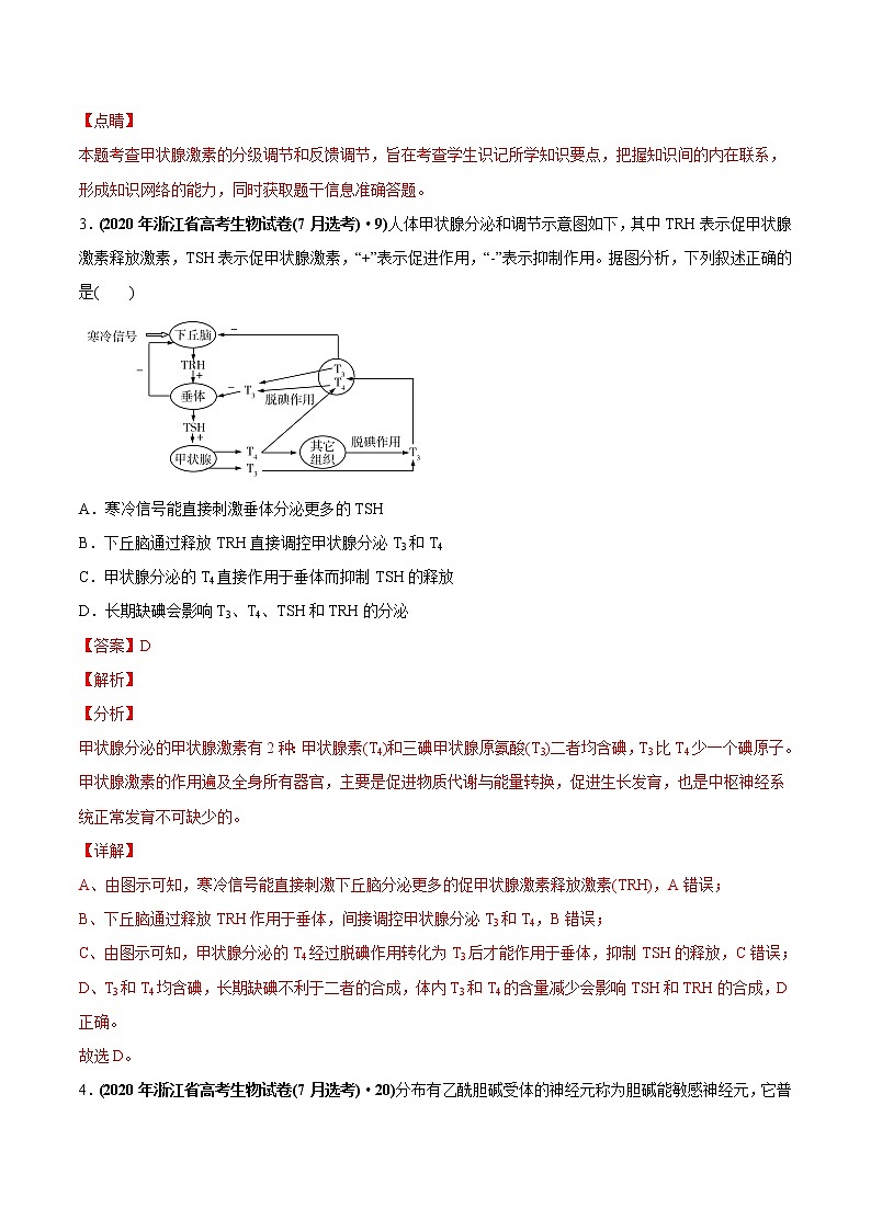 高中生物专题15 体液调节-2020年高考真题和模拟题生物分项汇编（教师版含解析）03