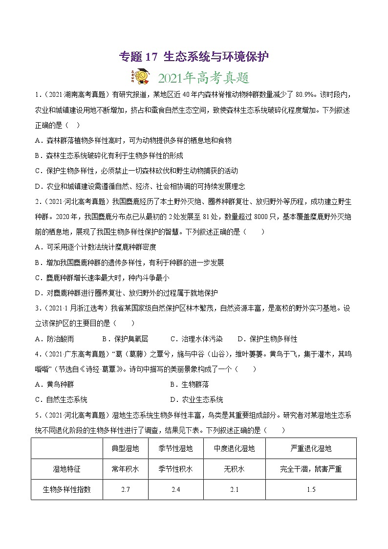 高中生物专题17 生态系统与环境保护-2021年高考真题和模拟题生物分项汇编（无答案）第1页