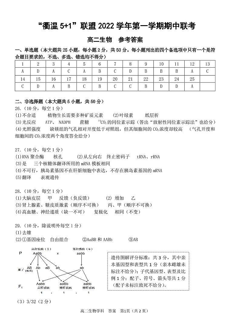 2023浙江省衢温“51”联盟高二上学期期中联考生物试卷含答案01